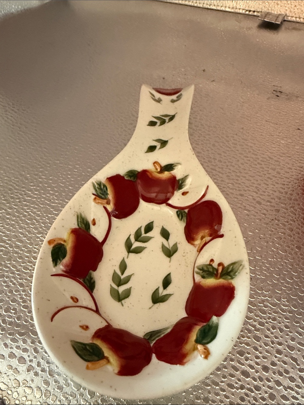 Ceramic Spoon Rest with 3d Red Apple and Green Leaf Motif